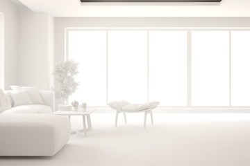 Mock up of stylish room in white color with sofa. Scandinavian interior design. 3D illustration