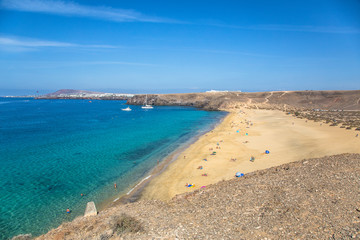 Aerial view of long white beach west of Lanzarote