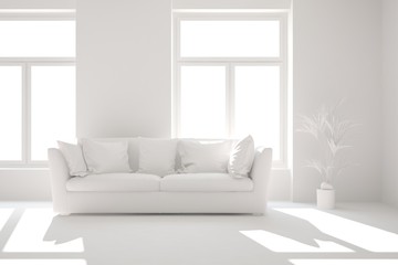 Mock up of stylish room in white color with sofa. Scandinavian interior design. 3D illustration