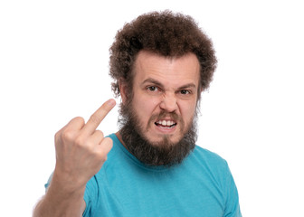 Crazy bearded Man with funny Curly Hair Screaming and showing the Middle Finger, isolated on white...
