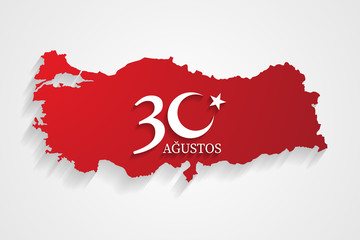 Turkey red map on August 30 logo, victory day of Turkey, celebration background, vector banner, (Turkish speak: 30 Agustos Zafer Bayrami)