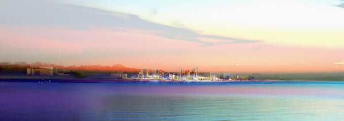 An imaginary stylised city surrounded by a beautiful landscape combined with a lovely orange pink sunset next to the water front