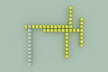 Imaginative, creative keyword crossword. For web page, graphic design, texture or background. 3D rendering.