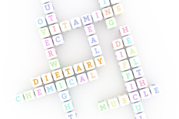 Dietary, health keyword crossword. For web page, graphic design, texture or background. 3D rendering.