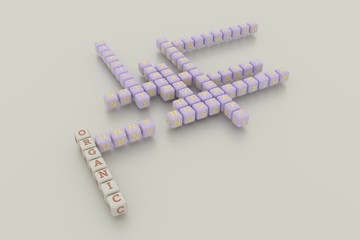 Organic, health keyword crossword. For web page, graphic design, texture or background. 3D rendering.