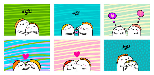 Big love set, cards posters for valentine's day. Happy couples together. Sweet hand drawn illustrations