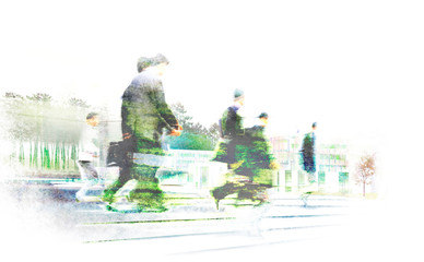 An imaginary stylised future green city with Asian business men walking at a fast pace through green areas