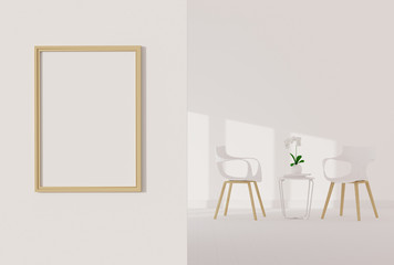One empty photo frame for mockup in empty white room, 3D render, 3D illustration