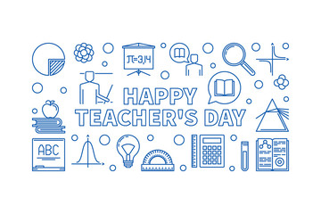 Happy Teacher's Day concept outline blue horizontal banner. Vector illustration on white background