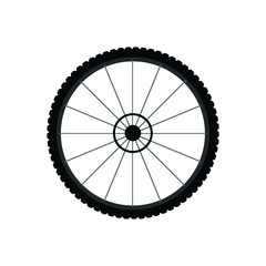 Vector flat black icon of bicycle wheel isolated on white background