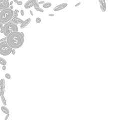 American dollar coins falling. Scattered black and