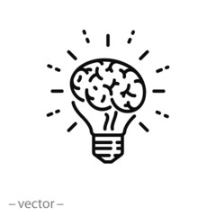 lightbulb idea icon, knowledge innovation, brain inside bulb, logo, light solution thinking, thin line symbols for web and mobile phone on white background - editable stroke vector illustration eps10