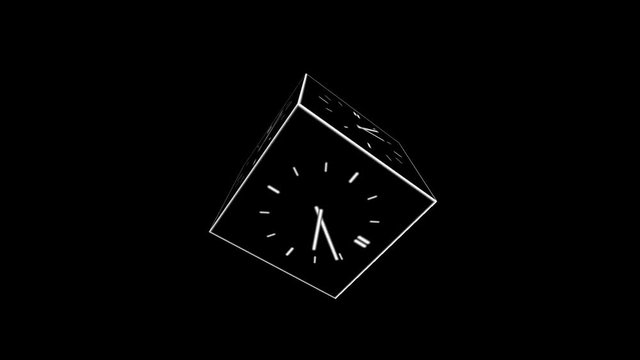 Motion background with rotating cube with spinning clock in 12 hour seamless loop (full HD 1920x1080).