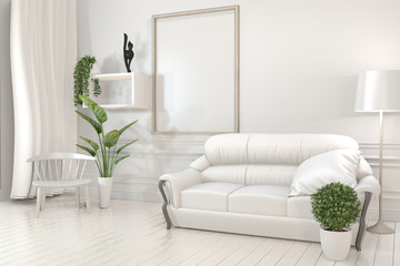 Interior poster mock up wooden frames, sofa, plant and lamp in living room with white wall minimal design. 3D rendering