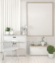 Mock up poster frame and cabinet and decoration plants on white room minimal design.3D rendering