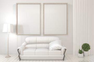Interior poster mock up wooden frames, sofa, plant and lamp in living room with white wall minimal design. 3D rendering