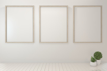 Mock up poster frame and cabinet and decoration plants on white room minimal design.3D rendering