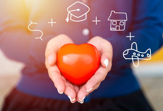 Happy student woman holding red heart with related icons in modern graphic or doodle interface showing symbol of plan person, money saving, education,investment and benefits or plan of her future