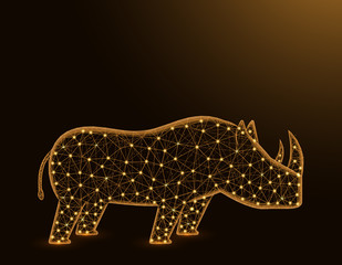 Rhinoceros low poly model, African animal abstract graphics, solitary mammals polygonal wireframe vector illustration on dark yellow background