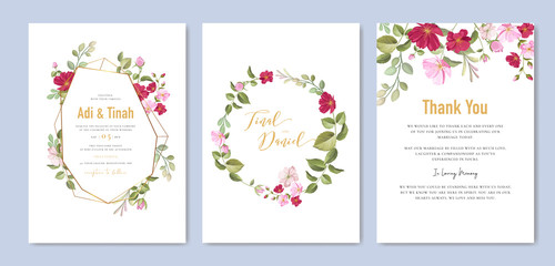 wedding invitation card with floral and leaves wreath template
