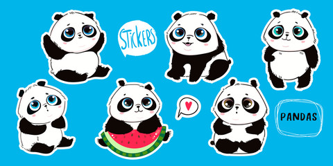 Cute little panda bears with big eyes in various poses. Hand drawn vector set. Pre-made stickers. Flat design. Trendy illustration. All elements are isolated © Dariia