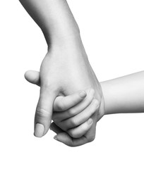 Mother holding her small child with hand on white background