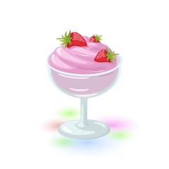 Appetizing berry ice cream with strawberry served in cocktail glass. Frozen fruit yogurt. Summer gelato or sundae in dessert bowl. Cartoon vector icon isolated on white background.