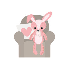 bunny of teddy sitting on sofa