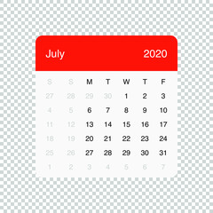 Calendar July 2020 Clean Minimal Table Simple Design. Basic Grid with a light grey background. Week Starts on Monday.