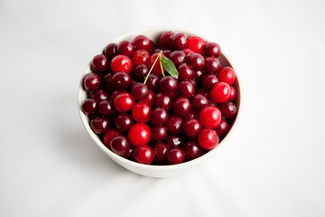 white plate with red cherry on white background