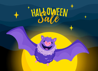 Halloween sale template with cute flying bat. Discount spooky banner, special offer promotions in scary nighttime scene. Party invitation, ad signboard, social media decor on a full moon background