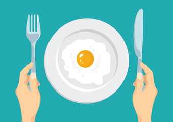 Fried egg in a white plate. Hands holding a knife and fork. Vector food illustration in cartoon simple flat style.
