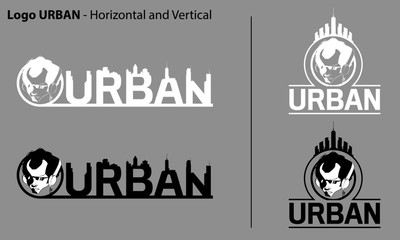 Urban Streetwear Logo design. Face comic characters wearing headphones Monochrome flat vector illustration Logo template type.
