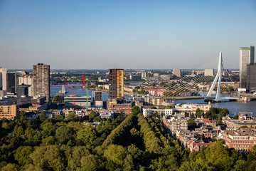 Rotterdam Netherlands cityscape and Erasmus bridge. Aerial view from Euromast tower, sunny day