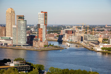 Fototapeta premium Rotterdam Netherlands cityscape and Erasmus bridge. Aerial view from Euromast tower, sunny day