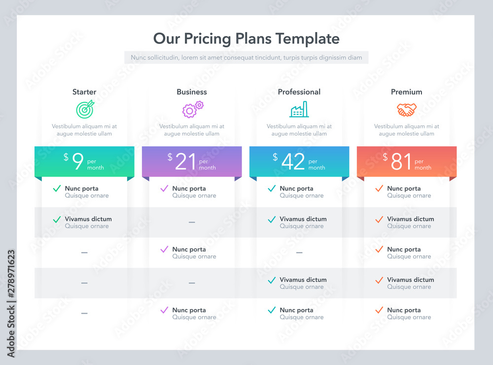 Poster Modern pricing comparison table with various subscription plans. Flat infographic design template for website or presentation.