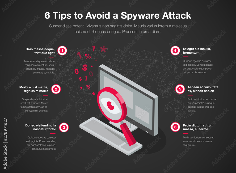 Poster simple infographic template for 6 tips to avoid a spyware attack, isolated on dark background. easy 
