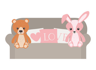 cute bunny and teddy bear in sofa