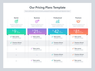 Modern pricing comparison table with various subscription plans. Flat infographic design template for website or presentation.