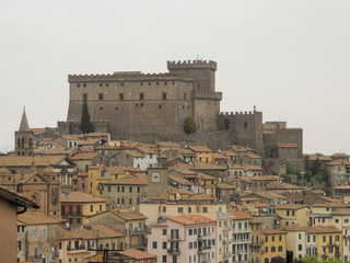 View of the town of Soriano nel Cimino with the Medieval "Castello Orsini" on the top near Viterbo, Lazio, Italy.