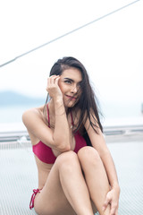 sexy girl in red bikini on yacht, tropical sea relax