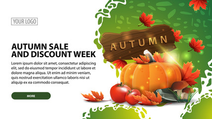 Autumn sale and discount week, modern horizontal web banner with beautiful texture, harvest of vegetables and a wooden sign