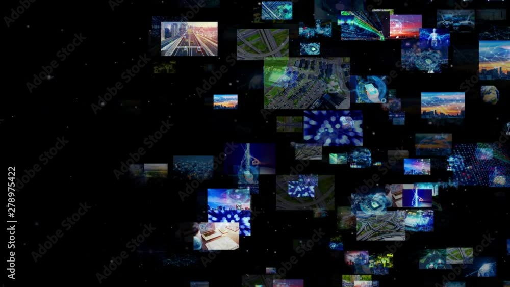 Poster a lot of screens in cyberspace. social media. broadcasting. streaming video.