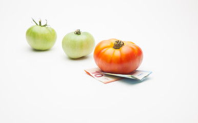 Tomates, fruta y dinero al lado, el precio de los productos, la venta de los productos, lo que cuesta la agricultura. El precio de la cosecha. Lo que nos cuestan las cosas