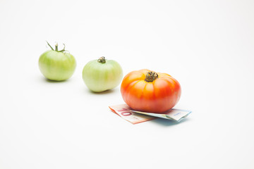 Tomates, fruta y dinero al lado, el precio de los productos, la venta de los productos, lo que cuesta la agricultura. El precio de la cosecha. Lo que nos cuestan las cosas