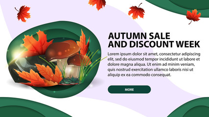 Autumn sale the week of discounts, today's web banner in paper cut style with mushrooms and autumn leaves