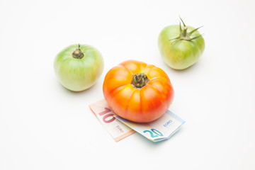 Tomates, fruta y dinero al lado, el precio de los productos, la venta de los productos, lo que cuesta la agricultura. El precio de la cosecha. Lo que nos cuestan las cosas