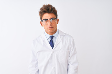Young handsome sciencist man wearing glasses and coat over isolated white background depressed and worry for distress, crying angry and afraid. Sad expression.