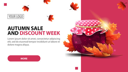 Autumn sale and discount week, discount white minimalist web banner template for your website with jar of jam and maple leaves