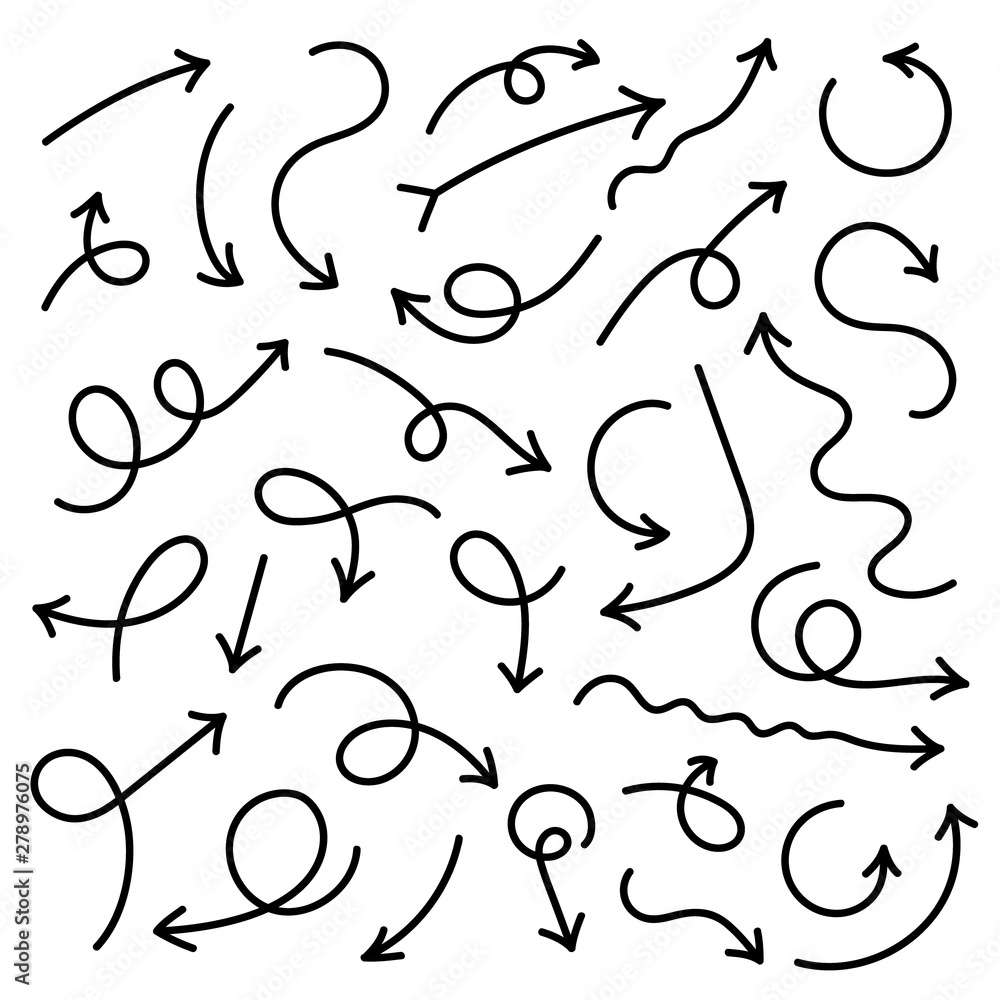 Poster Set of vector curve arrows. Hand drawn arrows in doodle style.